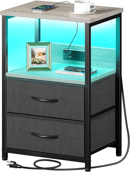 Seventable Nightstand with Charging Station, Bedside Table with LED Lights, Night Stand with 2 Fabric Drawers, 3-Tier Storage End Table for Bedroom, Greige