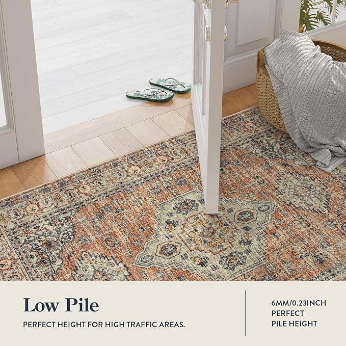Lahome Oriental Hallway Runner Rug, 2.5x8 Kitchen Runner Non Slip Ultra-Thin, Soft Washable Hallway Rug Distressed Non Shedding Long Carpet for Entryway ‎Laundry Room Bathroom, Peach/Orange