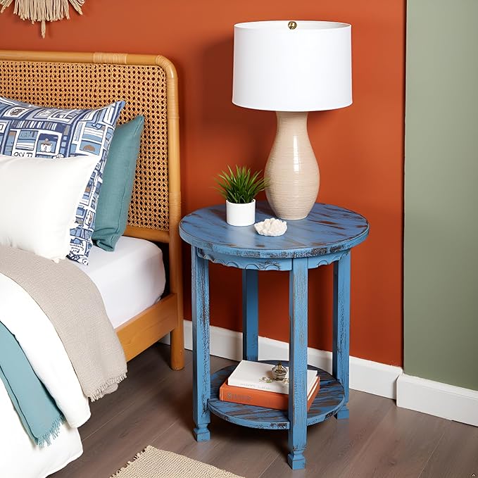 Rustic Cottage Round End Table w/ 1 Shelf - 25 in. W x 20 in. D x 24 in. H - Distressed Blue - Assembly Required - Select Hardwoods with Wood - Living Room Furniture - Solid Wood