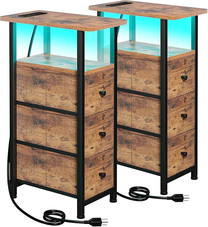 Narrow End Tables Living Room Set of 2 with Charging Station, Skinny Side Table with Fabric Drawers, Slim LED Nightstand for Bedroom, Small Spaces, Couch, Rustic Brown, HETNDP03LPBR