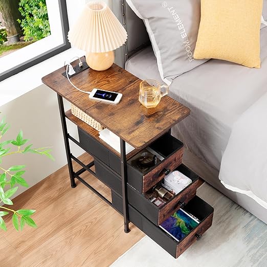 AMHANCIBLE End Tables Living Room with Charging Station, Narrow Side Table with USB Ports and Outlets, Slim Nightstand with 3 Fabric Drawers for Bedroom, Small Space, Rustic Brown, HETN013BR-1