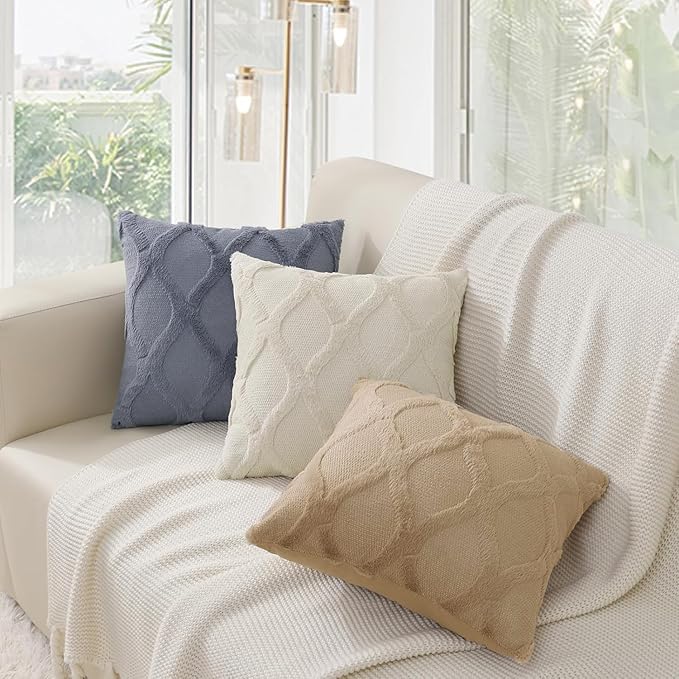 decorUhome Throw Pillow Covers 24x24 Inch Set of 2, Soft Plush Faux Fur Wool Beige Couch Pillow Covers, Decorative Neutral Pillow Cases for Bed Sofa Living Room Home Decor