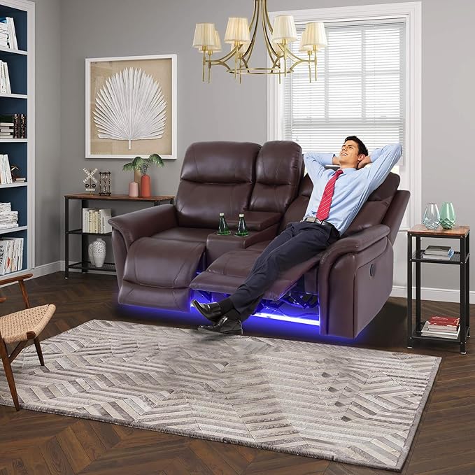 Nicbex PU Leather Power Wall Hugger Chair Double Reclining Sectional Sofa 2-Seater Loveseat Couch with Center Storage Console, USB Port, Cup Holders and Ambient LED Light for Living Room RV Theater