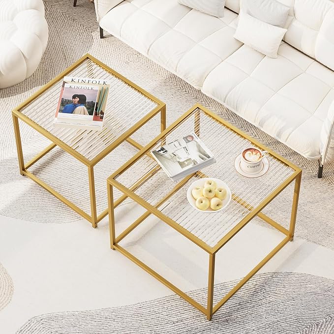 Garden 4 you Coffee Table Set of 2, Modern Patterned Glass Nesting Table, Metal Frame Square Center Table Set, Side Tables, Nesting Coffee Table for Living Room, Bedroom and Small Spaces, 23.6in Gold