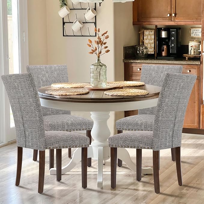 COLAMY Upholstered Parsons Dining Chairs Set of 6, Fabric Dining Room Kitchen Side Chair with Nailhead Trim and Wood Legs - Boho