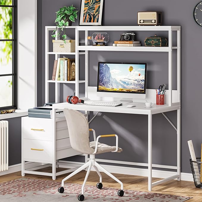 Tribesigns 55 Inch Computer Desk with 2 Drawers and Storage Shelves, Rustic Office Desk with Hutch, Study Writing Gaming Table Laptop Workstation for Home Office (White)
