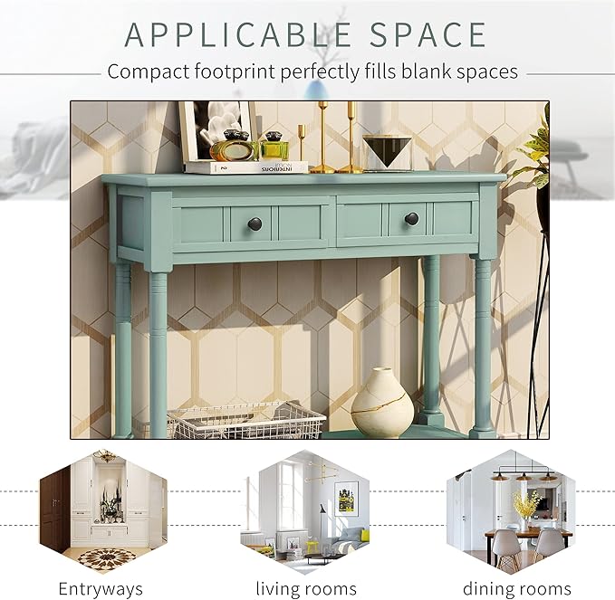 Merax Wood Farmhouse Entry Way Hallway Console Table with Drawers and Bottom Shelf Narrow Blue