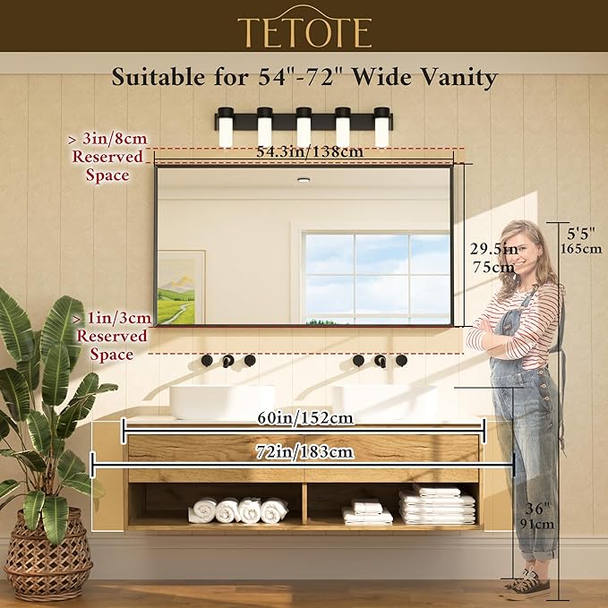 TETOTE Brushed Nickel Bathroom Vanity Mirror 55" x 30" Beveled Framed Bathroom Wall Mirror for Over Sink Brushed Nickel, Tempered Glass, Modern Farmhouse Bedroom, Entryway, Living Room