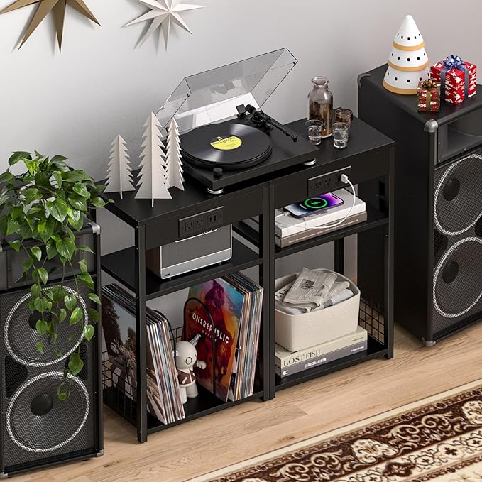 LELELINKY 3 Tier End Table with Charging Station, Black Record Player Stand with Storage Up to 100 Albums Brown, Night Stand with USB Port, Nightstand for Small Spaces