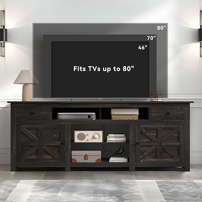DWVO Farmhouse TV Stand for 75/80 Inches TVs, Entertainment Centers Furniture 30" Tall, TV Consoles with Storage Drawers & Power Outlet, Rustic TV Stands for Living Room, Dark Rustic Oak
