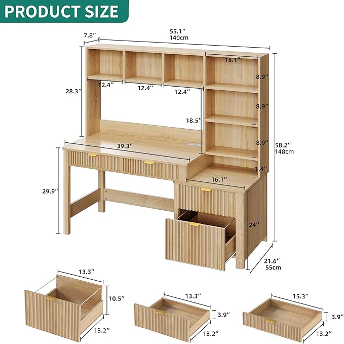 YITAHOME Computer Desk with Hutch and Drawers, 55" Office Desk with Storage Shelves and Printer Stand, Gaming Desk with Power Outlets & LED Lights, Fluted Sturdy Writing Workstation, Natural Oak