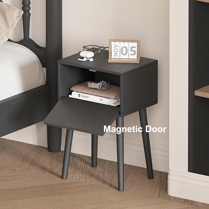 LAATOOREE Nightstand Set of 2, Small Bed Side Table with Arch Door, Mid-Century End Table with Wood Legs for Bedroom, Small Space (Black)