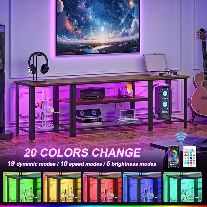 WelFurGeer Industrial Metal TV Stands with RGB LED Lights & Built-in Power Outlets - Modern TV Entertainment Center for Living Room, Open Grid Design TV Console with Storage (Brown)