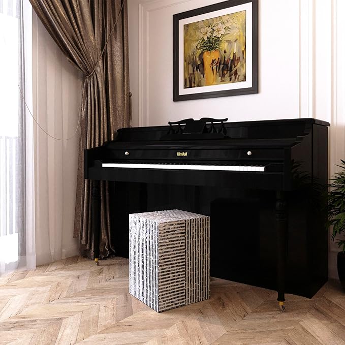 PEMAR Capiz Shell Square Drum End Table Side Accent Table Contemporary Mosaic Deco Patio Coffee Boho Décor Modern Nightstand & Vanity Stool (Dark Grey & White Stripes)