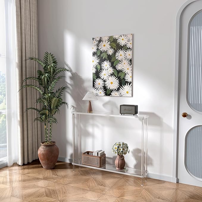 Acrylic Narrow Console Table for Entryway, 7.6" D x 39.4" W x 31.5" H, Cylindrical Legs, Skinny Entry Table for Sofa, Foyer, Hallway, Living Room, Modern, 2-Tier, Clear