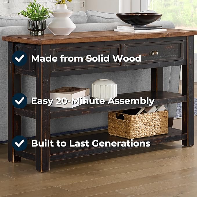 Martin Svensson Home Monterey Solid Wood Sofa Console Table, Black and Honey Brown
