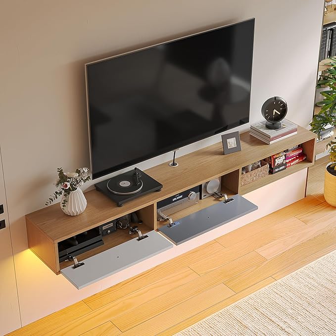 Modern Floating TV Stand with Doors, 70 Inch Wall Mounted TV Console,Floating Media Console Cabinet Under TV Shelf for Living Room Bedroom,Natural