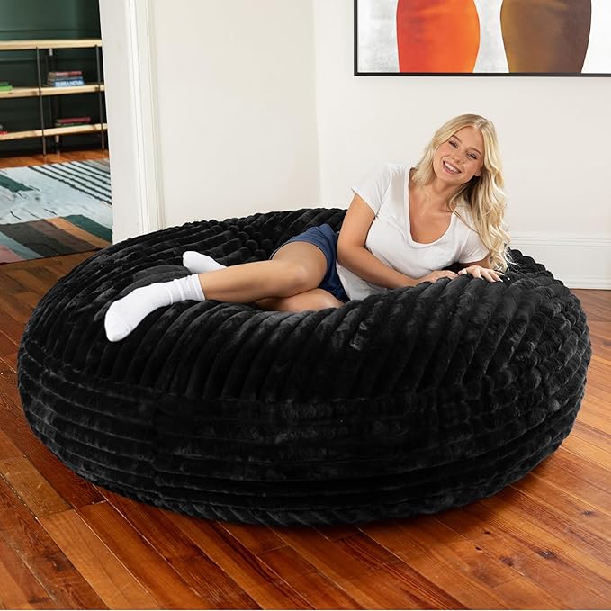 Jaxx 6 Foot Cocoon - 2-in-1 Convertible Bean Bag Bed & Large Bean Bag Chair for Adults, Premium Luxe Faux Fur - Mondo Black