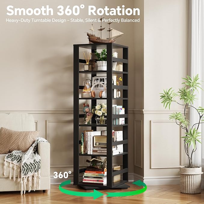 Homykic Rotating Bookshelf, Bamboo 360 Display Spinning Bookshelf Tower, 5-Tier Small Corner Bookcase for Small Spaces, Narrow Revolving Book Shelf Organizer Rack for Home Office, Black