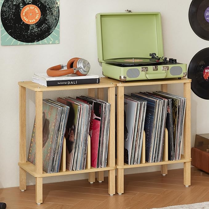 LELELINKY 2-Tier Bamboo Record Player Stand Set of 2 with Vinyl Record Storage up to 100 Albums, Boho Bedroom Record Holder and Multi-Functional End Table for Living Room, Natural