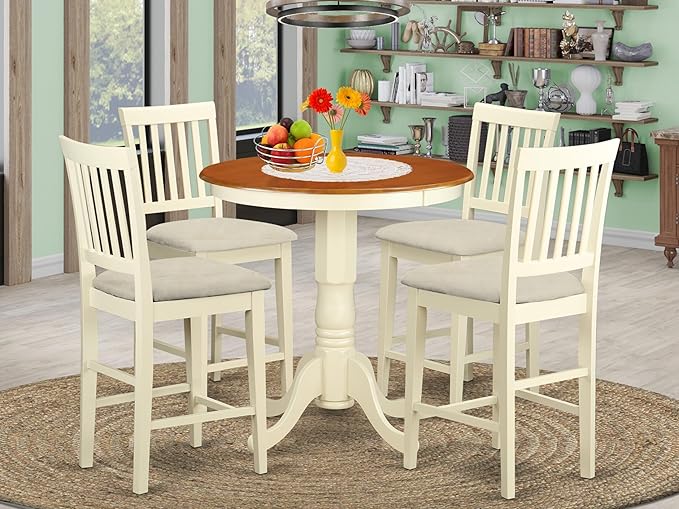 East West Furniture EDVN5-WHI-C 5 Piece Counter Height Dining Table Set Includes a Round Kitchen Table with Pedestal and 4 Linen Fabric Upholstered Dining Chairs, 30x30 Inch, Buttermilk & Cherry