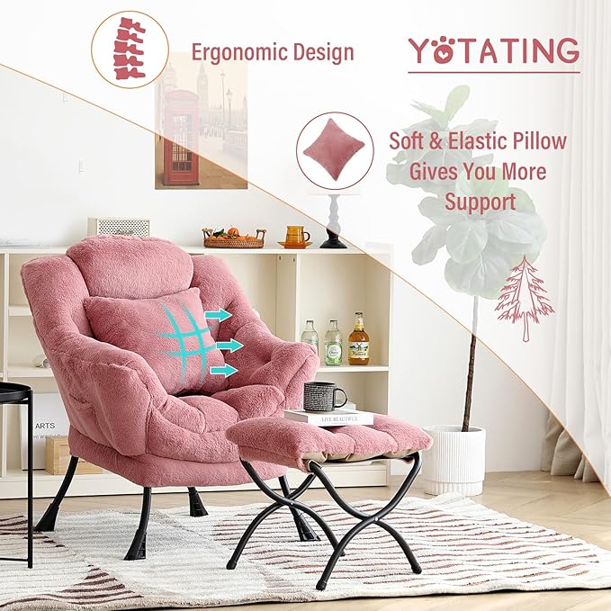 Lazy Chair with Ottoman, Comfy Reading Lounge Chair with Footstool & Throw Pillow Modern with Armrests & Side Pocket for Living Room, Bedroom, Dorm Room, Plush Dark Pink