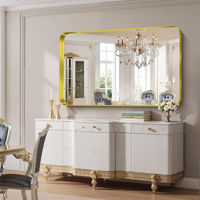 FORBATH 60x36 Inch Large Bathroom Mirror for Double Sinks, Brushed Gold Deep Frame Wall Mirror with Rounded Corners, Anti-Rust Tempered Glass for Modern Farmhouse Vanity (Horizontal/Vertical)