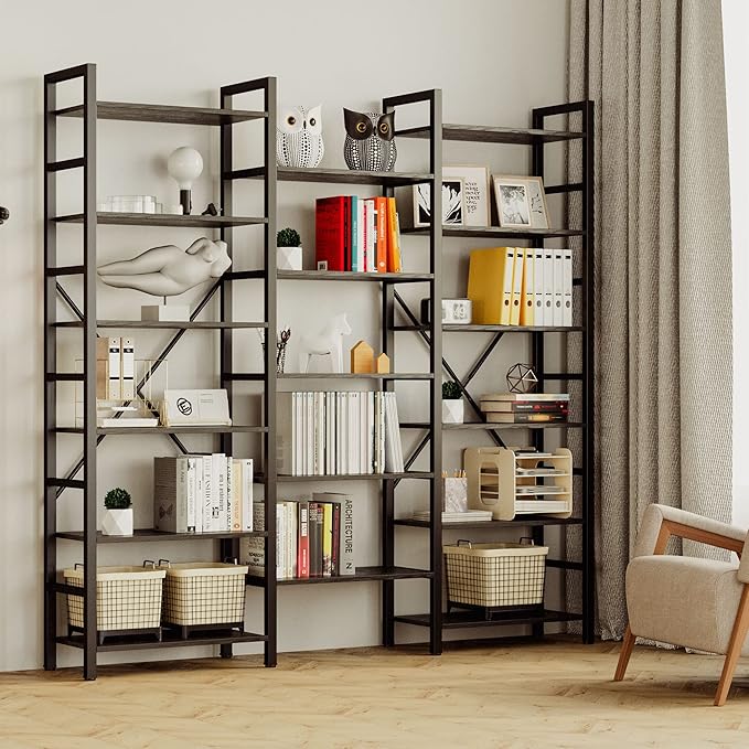 IRONCK Bookshelves 6 Tiers Triple Wide Industrial Bookshelf, Large Etagere Bookshelf Open Display Shelves with Metal Frame for Living Room Bedroom Home Office