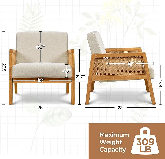 Yaheetech Accent Chair, Modern Armchair with Wood Legs, Mid Century Living Room Chair Linen Comfy Lounge Chair for Bedroom Reading Room, Set of 2, Beige