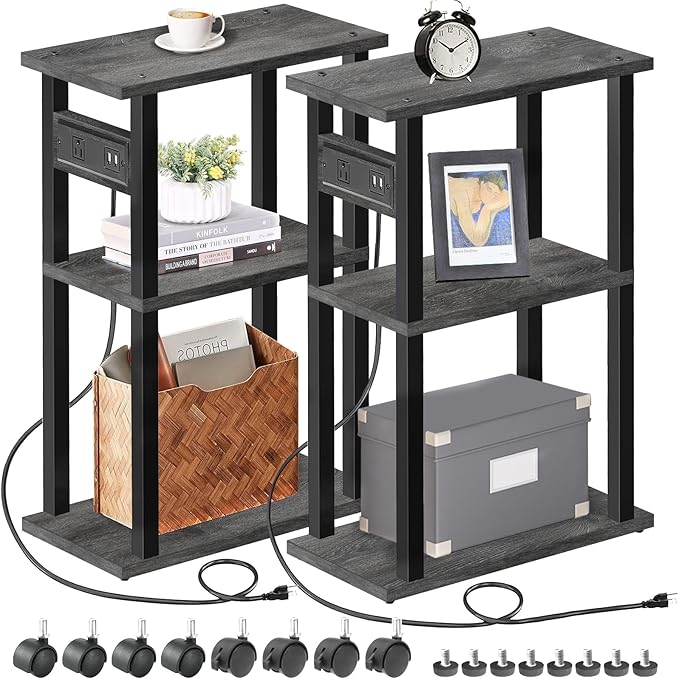 TUTOTAK Small Narrow Side Table with Charging Station, Set of 2, Skinny End Table for Small Spaces, Slim Nightstand with USB Ports and Outlet,Sofa Beside Table with Wheels, Charcoal Grey TB01BY047