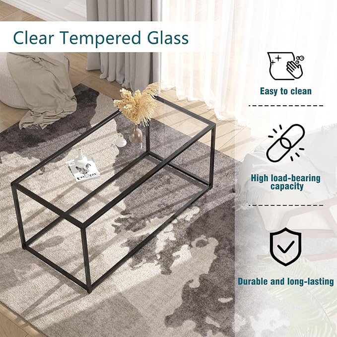 Glass Coffee Table Modern Center Table,Minimalist Coffee Table for Living Room,Tempered Glass-top with Sturdy Metal Frame, Easy Assembly,Black