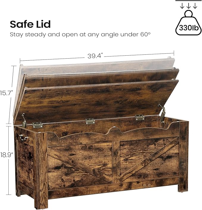 39.4" Storage Chest, Extra Large Storage Trunk with 2 Safety Hinges, Wooden Box Bench, Lift-Top Organizer Chest, Shoe Bench for Entryway, Bedroom, Living Room, Rustic Brown SB04501X