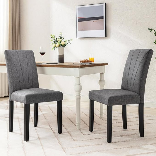 VECELO Upholstered Dining Chairs Set of 2, Modern Fabric and High Back & Solid Wood Legs, Parsons for Kitchen/Living Room- Dark Gray