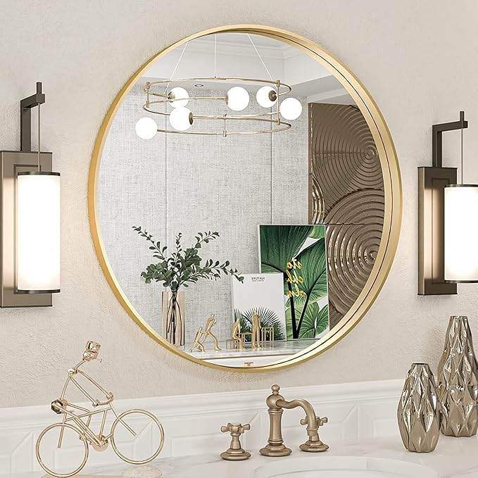 TokeShimi Brushed Gold Round Mirror 24 Inch Gold Round Vanity Bathroom Mirror for Wall Aluminum Alloy Matte Metal Frame Modern Gold Circle Mirror Fit in Minimalist Multi Style Home Decor