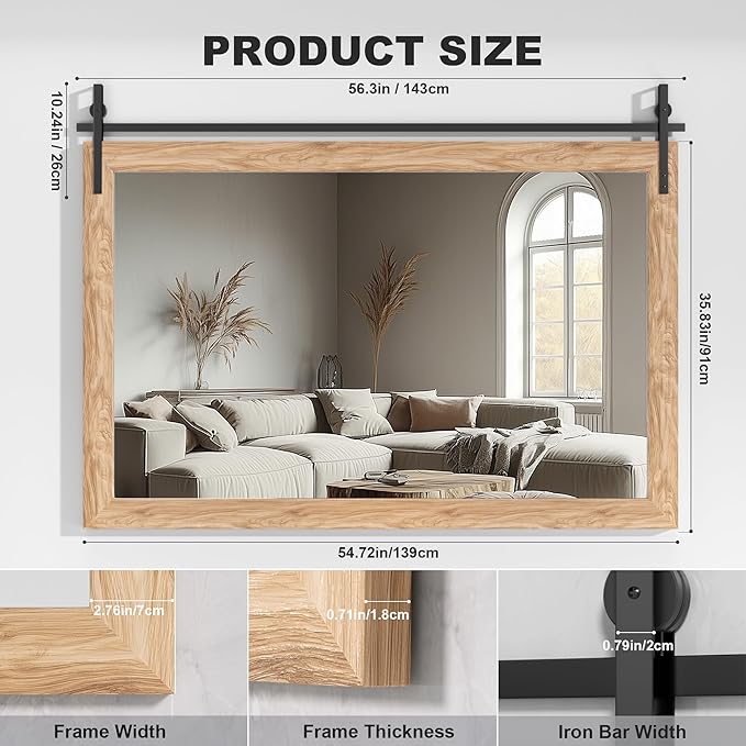 Hasipu Farmhouse Bathroom Mirror, 55"x36" Rustic Wood Framed Wall Mounted Mirror, Brown Vintage Vanity Mirror Barn Door Style Decrative Mirrors