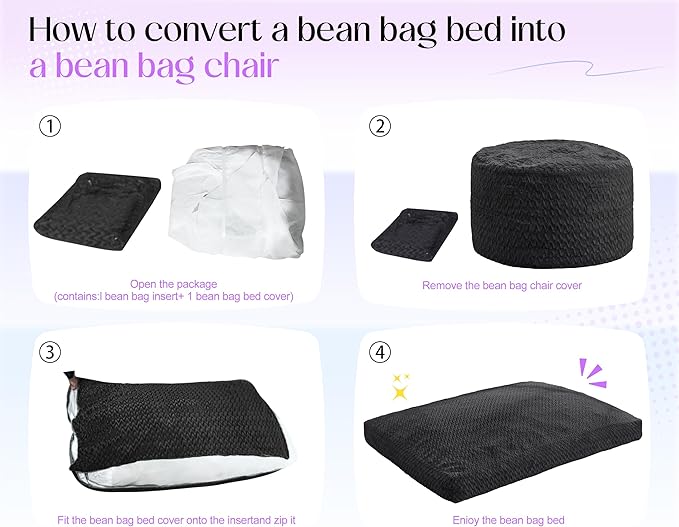 Hobestluk Bean Bag Chair Convertible Beanbag Chairs for Adults, 3 in 1 Bean Bags with Plush Chevron Cover, Adult Bean Bag Chair for Living Room, Bedroom (Black, Queen)