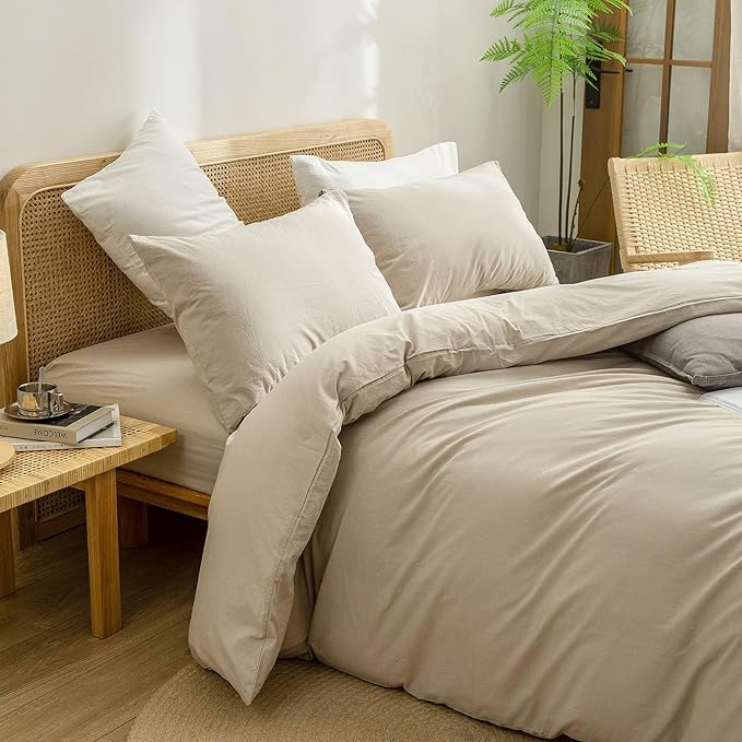 BESTOUCH Duvet Cover Set 100% Washed Cotton Linen Feel Super Soft Comfortable Chic Lightweight 3 PCs Home Bedding Set Solid Almond Milk Grey Oversized Full