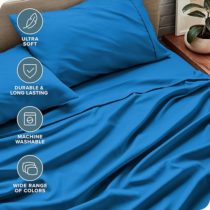 Bare Home Split Head Flex King Sheet Set - 1800 Ultra-Soft Microfiber Bed Sheets - Double Brushed Deep Pockets Easy Fit - 4 Piece Set - FlexTop King Bedding Sheets (Split Head Flex King, Medium Blue)