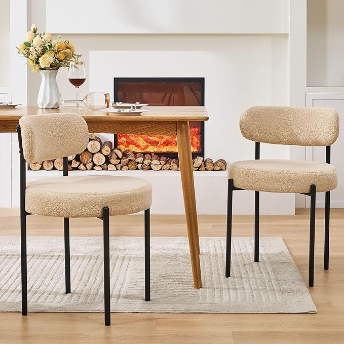 Dining Chairs Set of 6, Beige Boucle Dining Chair, Curved Backrest Upholstered Dining Room Chairs with Black Metal Legs, Mid Century Modern Dining Chairs for Kitchen, Living Room, Beige