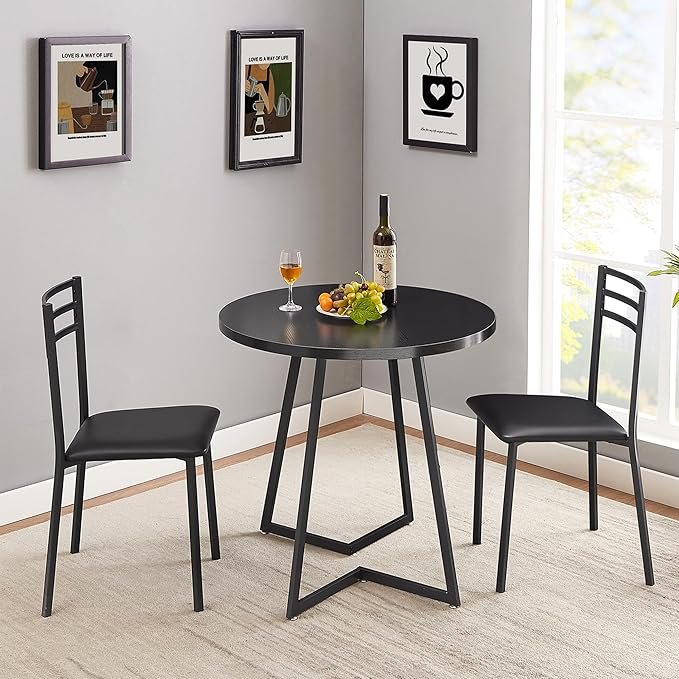 VECELO Small Round Dining Table Set for 2, Heavy-Duty Metal Frame & Upholstered Chair for Breakfast Nook, Kitchen, and Small Space, Black