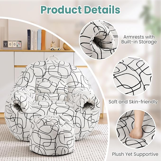 DAICO Bean Bag Chairs for Adults Comfy Accent Chair with Ottoman Floor Sofa Beanbag Couch with Armrests White Single Lazy Sofas with Foam for Living Room Reading Bedroom Gaming (Stripe Pattern)
