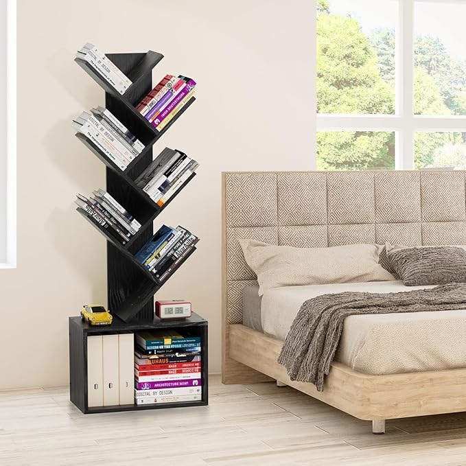 6 Tier Tree Bookshelf, Sturdy Retro Floor Standing Wood Bookcase, Storage Rack for Home Office, Living Room, Bedroom, Reading Spot, Heavy Book Organizer Shelves for CDs/DVDs/Movies, Black