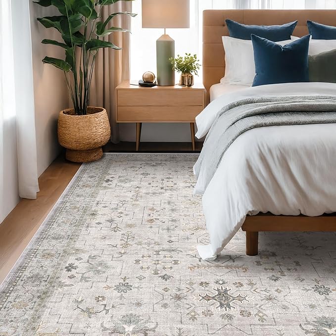 Boho Light Grey Living Room Rug 6x9 - Modern Vintage Eclectic Floral Paste Neutral Taupe, Washable Low Pile Non-Slip Large Area Rugs for Dining Under Table Bedroom