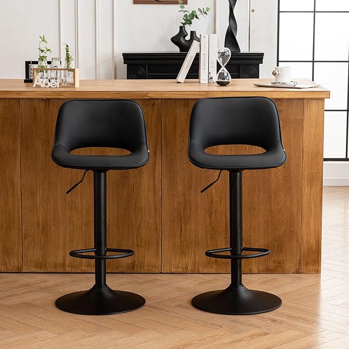 YOUNIKE Black Bar Stools Set of 2 Compact Modern Swivel Barstools, Adjustable Counter Height Bar Stools Faux Leather Upholstered Bar Stool with Hollow Back for Kitchen Island
