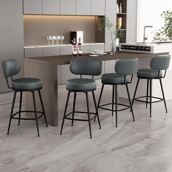 Counter Height Bar Stools, 26" H Swivel Barstools Set of 4, Faux Leather Kitchen Counter Stools with Back and Stylish Stitching, Metal Frame, Pub, Home Bar, Balck Green