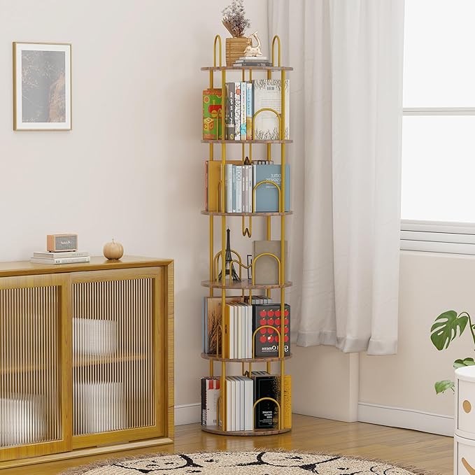 5 Tier Rotating Bookshelf, 360° Spinning Bookshelf Tower, Round Narrow Space Saving for Books and Display, Revolving Bookcase Corner Tall Book Shelf for Small Spaces, Bedroom, Living Room, Gold