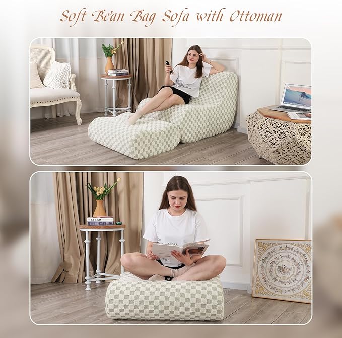 Accent Bean Bag Chair with Footstool, Modern Lazy Sofa Chair with Comfy Jacquard Shaggy Plush, Green