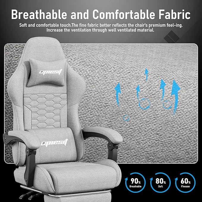 Gaming Chair, Computer Chairs for Adults with Lumbar Support and Massager, Comfortable Gamer Chair with Footrest & Pocket Spring Cushion, Ergonomic Home Office Chair, Grey, Fabric
