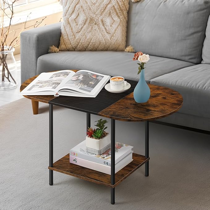 OYEAL Small Round Coffee Table for Living Room Farmhouse Oval Center Table Circular Coffee Table with 2-Layer Storage and Opening Shelf for Display,Small Space,Home Office,Black & Brown