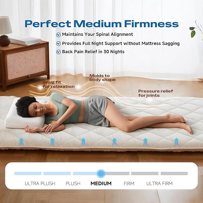 Japanese Floor Mattress, Roll Up Tatami Mat, Sleeping Pad, Shikibuton, CertiPUR-US Certified Foam Floor Bed Futon Mattress for Sleeping, Dormitory, Guest Bed, Designed in Japan(Queen)